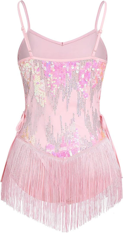 Women Sparkly Sequin Tassel Fringe Bodysuit Cami Strap Latin Dance Leotard Jumpsuit Festival Rave Outfits