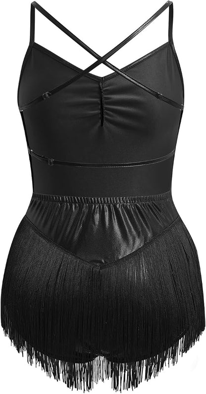 Glitter Metallic Fringe Bodysuit for Women Cross Back Leotard V Neck Tassel Romper Latin Jazz Dance Costume