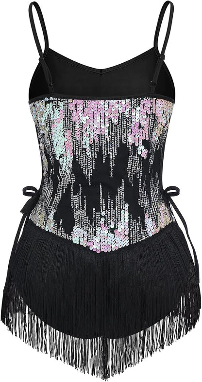 Women Sparkly Sequin Tassel Fringe Bodysuit Cami Strap Latin Dance Leotard Jumpsuit Festival Rave Outfits