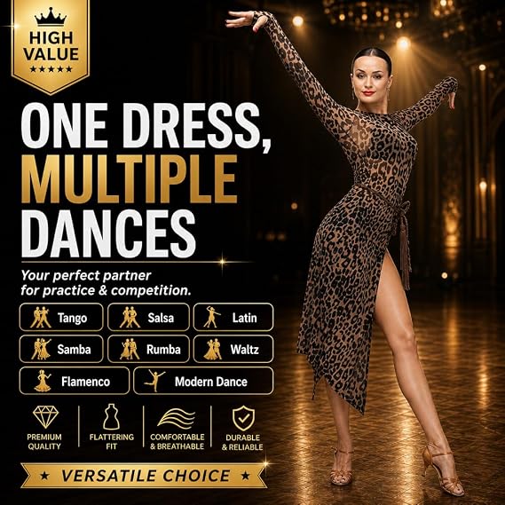Latin Dance Tango Salsa Dress for Women Leopard Print Flamenco Samba Dance Costumes for Competition