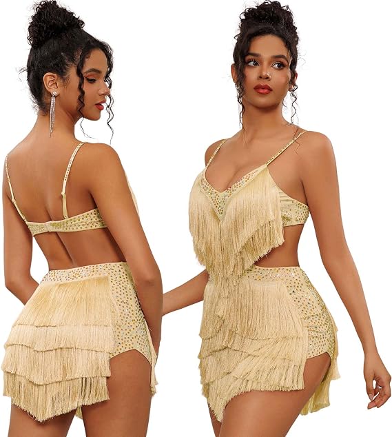NKBRK Rhinestone Fringe Tassel Tiered One Piece Bodysuit Latin Dance Backless Disco Birthday Rave Outfit