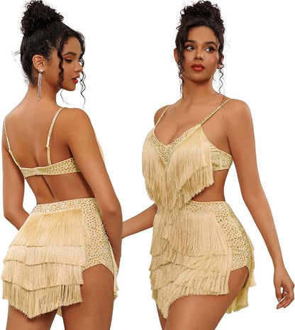 NKBRK Rhinestone Fringe Tassel Tiered One Piece Bodysuit Latin Dance Backless Disco Birthday Rave Outfit