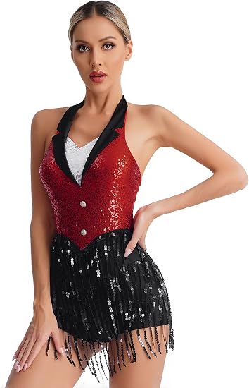 Women's Latin Jazz Costume Shiny Sequins Fringe Jumpsuit Sleeveless Tassel Leotard Dancewear