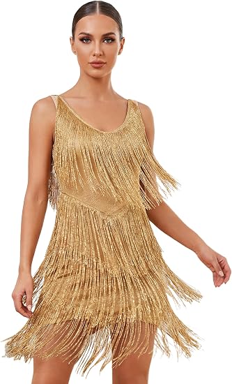 Sparkly Fringe Dress for Women Glitter Tassel Latin Dance Dress V-Neck V-Back Ballroom Jazz Salsa Competition Costume
