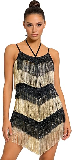 Women's Fringe Latin Dance Dress - Halter Backless Adjustable Cami Straps Color Block Salsa Ballroom Dance Costume