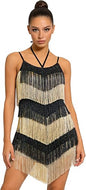 Women's Fringe Latin Dance Dress - Halter Backless Adjustable Cami Straps Color Block Salsa Ballroom Dance Costume