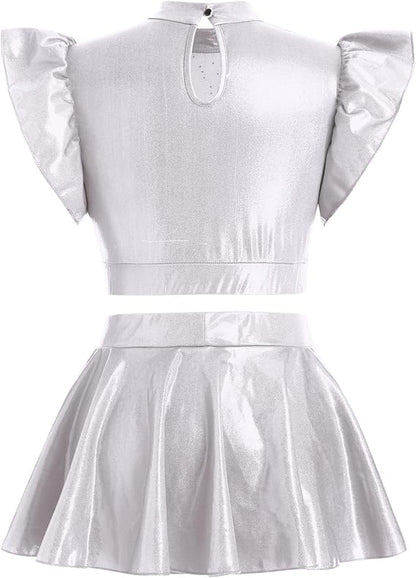 Women Metallic Dance Dress Ruffle Sleeve Crop Top Mini Dance Short Half Skirt Adult Lyrical Costume