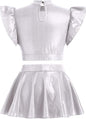 Women Metallic Dance Dress Ruffle Sleeve Crop Top Mini Dance Short Half Skirt Adult Lyrical Costume