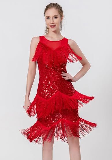 Women's Salsa Latin Dance Dress Glitter Sequin Fringe Flapper Party Ballroom Outfit