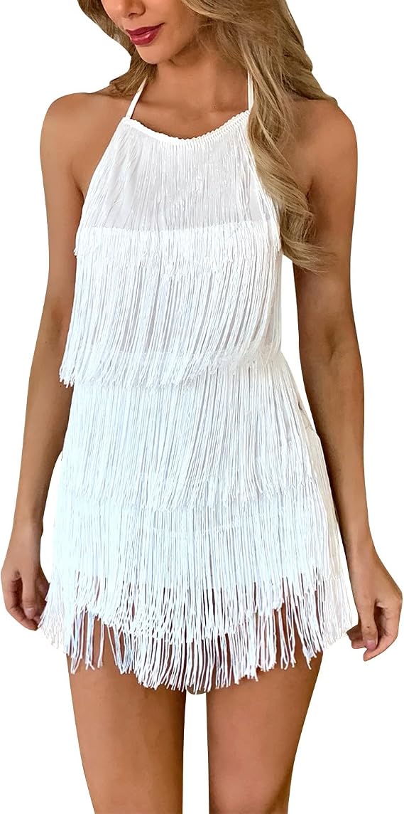 Women Halter Tassel Romper Backless Fringe Latin Dance Dress Evening Short Jumpsuit Dressy Ballroom Tie Back Playsuit
