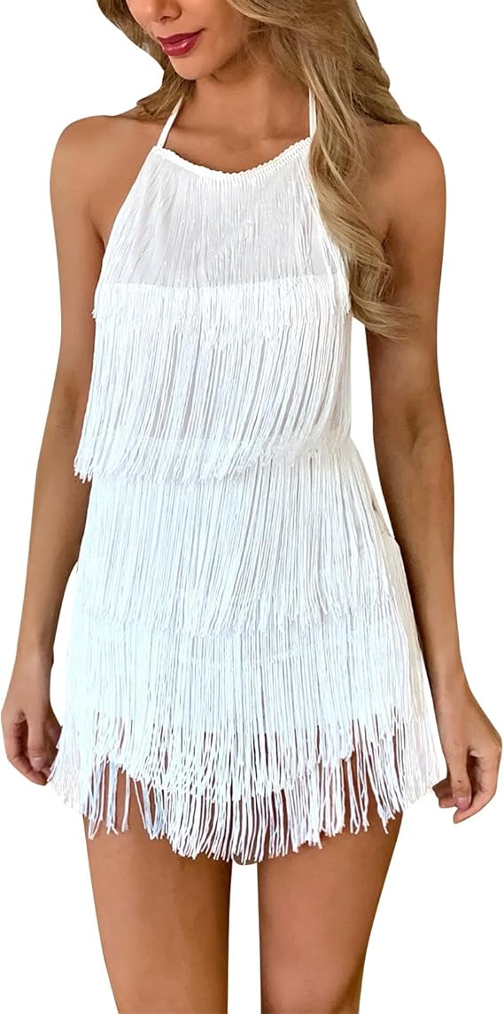 Women Halter Tassel Fringe Romper Layered Sexy Backless Fringe Dress Latin Dace Jumpsuits Disco Music Festival Outfit