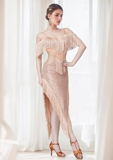 Sequin Fringe Latin Dance Dress, Mesh & Glitter Salsa Dresses for Women, Shimmery Party Skirts