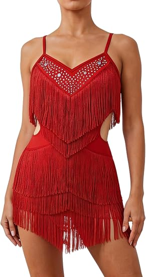 ODIZLI Women's Fringe Rhinestone Latin Dance Dress Leotard- Adjustable Spaghetti Straps V Neck Tie Back Salsa Ballroom Dance