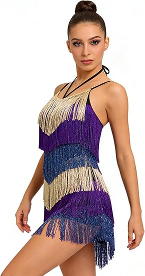 Women's Fringe Latin Dance Dress - Halter Backless Adjustable Cami Straps Color Block Salsa Ballroom Dance Costume