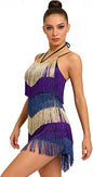 Women's Fringe Latin Dance Dress - Halter Backless Adjustable Cami Straps Color Block Salsa Ballroom Dance Costume