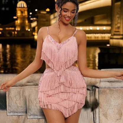 NKBRK Rhinestone Fringe Tassel Tiered One Piece Bodysuit Latin Dance Backless Disco Birthday Rave Outfit