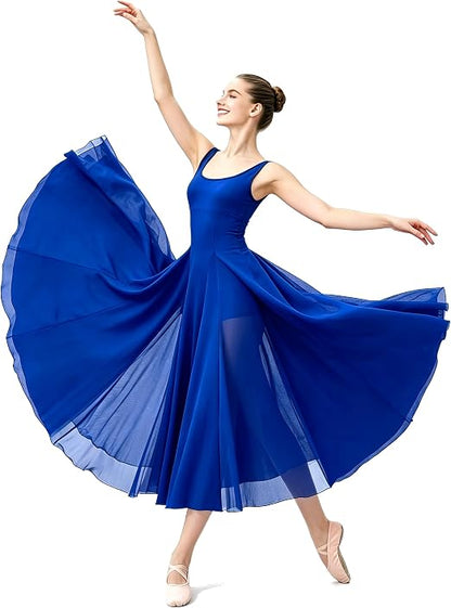 Women's U Neck Sleeveless Lyrical Dance Dress Contemporary Ballet Costume Flowy Tulle Skirt with Shorts