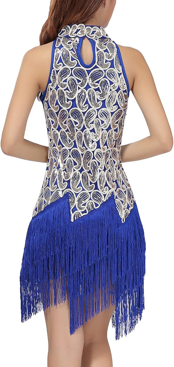 Women's Mock Neck Sequin Tassel Fringe Dress Salsa Latin Ballroom Rave Party Dance Costume