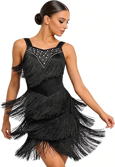 Women's Latin Dance Dress - Sparkly Rhinestones Fringe Salsa Ballroom Dance Outfit Stage Performance Costume