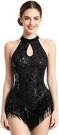 Sparkly Sequin Fringe Bodysuit Women Acrobat Skating Leotard Latin Jazz Rave Dance Costumes