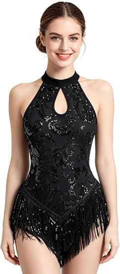 Women Halter Rhinestone Fringe Latin Dance Flapper Dress