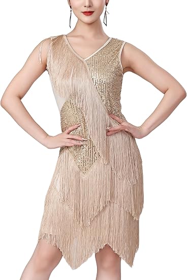 Women Sexy Fringe Latin Dance Dress Sequins Flapper Tassel Jazz Costume Sleeveless V-Neck Dancing Party Outfit