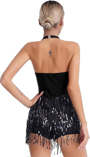 Women's Latin Jazz Costume Shiny Sequins Fringe Jumpsuit Sleeveless Tassel Leotard Dancewear