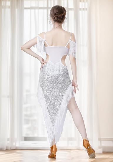 Sequin Fringe Latin Dance Dress, Mesh & Glitter Salsa Dresses for Women, Shimmery Party Skirts