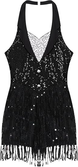 Women's Latin Jazz Costume Shiny Sequins Fringe Jumpsuit Sleeveless Tassel Leotard Dancewear