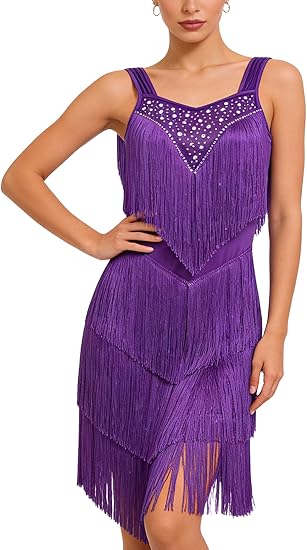 Women's Latin Dance Dress - Sparkly Rhinestones Fringe Salsa Ballroom Dance Outfit Stage Performance Costume
