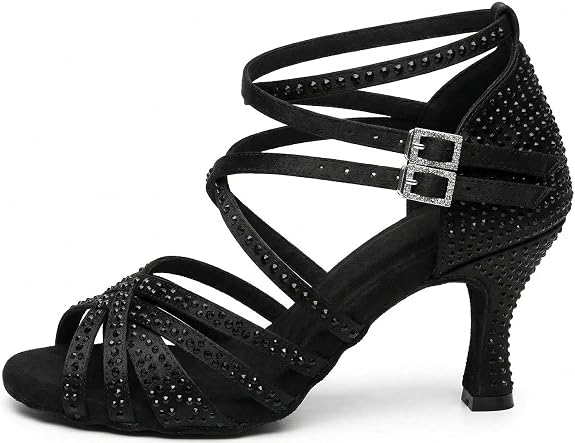 Women's Rhinestone Latin Dance Shoes 3" Heel Professional Satin Ballroom Salsa Performance Dancing Shoes