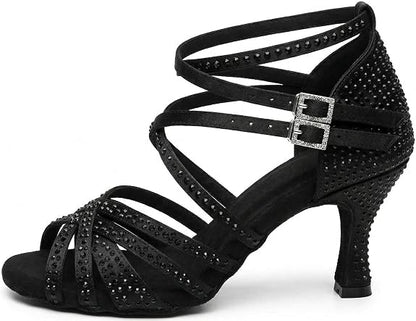 Women's Rhinestone Latin Dance Shoes 3" Heel Professional Satin Ballroom Salsa Performance Dancing Shoes
