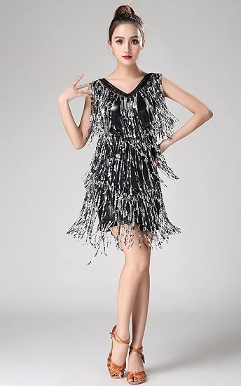 Women 1920s Dance Dress Sequin Tassel Fringe Flapper Latin Rumba Dress Glitter Salsa Tango Ballroom Dancing Dresses