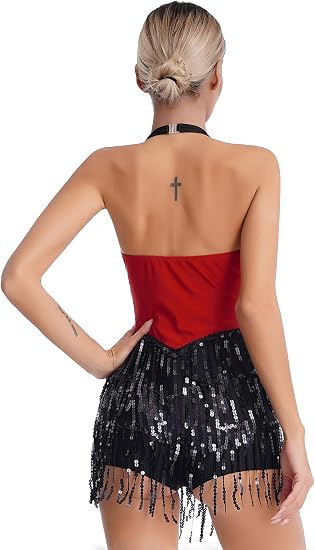 Women's Latin Jazz Costume Shiny Sequins Fringe Jumpsuit Sleeveless Tassel Leotard Dancewear