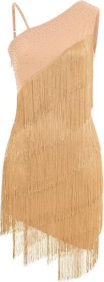 Asymmetric One Shoulder Latin Dance Dress for Women Rhinestones Fringe Dress 1920s Tassel Flapper Ballroom Dancewear