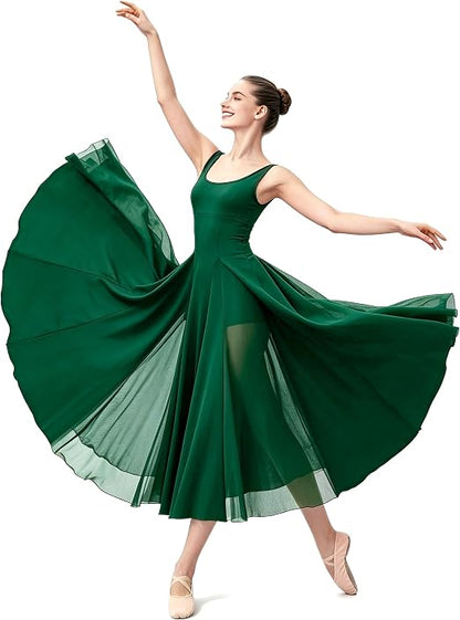 Women's U Neck Sleeveless Lyrical Dance Dress Contemporary Ballet Costume Flowy Tulle Skirt with Shorts
