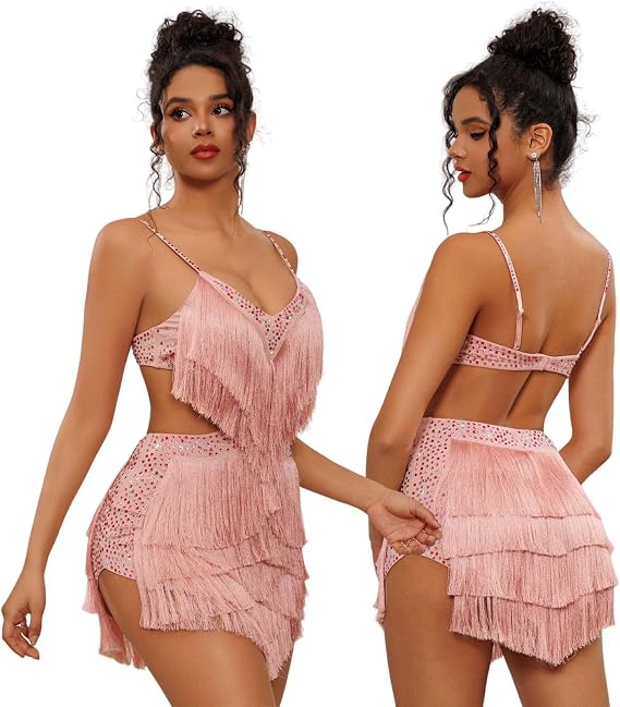 NKBRK Rhinestone Fringe Tassel Tiered One Piece Bodysuit Latin Dance Backless Disco Birthday Rave Outfit