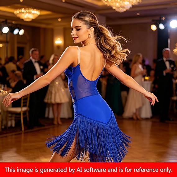 Women Blue Latin Dance Dress Competition Costume V Neck Layered Fringe Tassel Hem Sleeveless