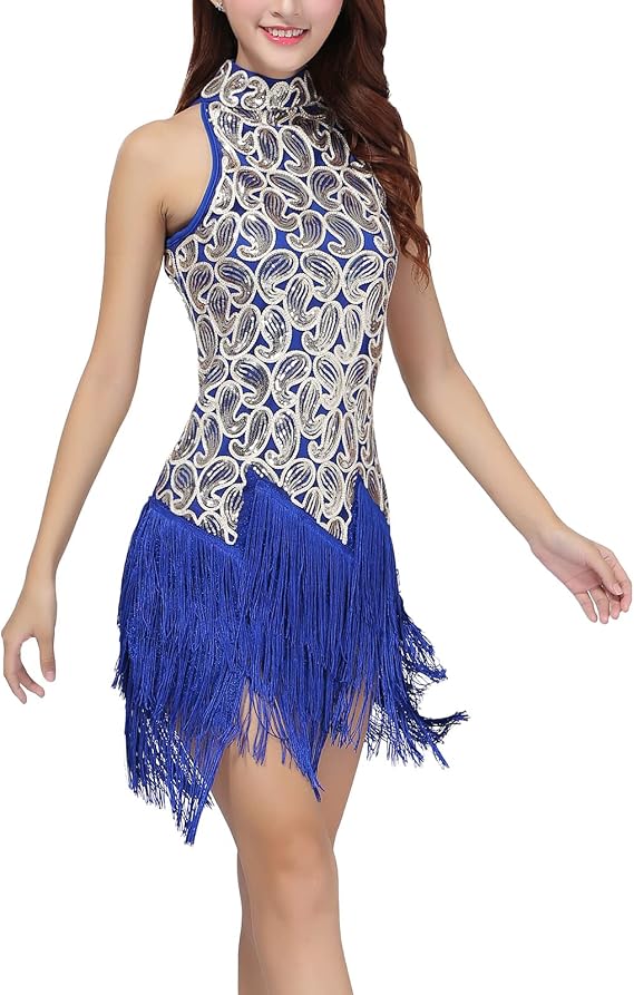 Women's Mock Neck Sequin Tassel Fringe Dress Salsa Latin Ballroom Rave Party Dance Costume