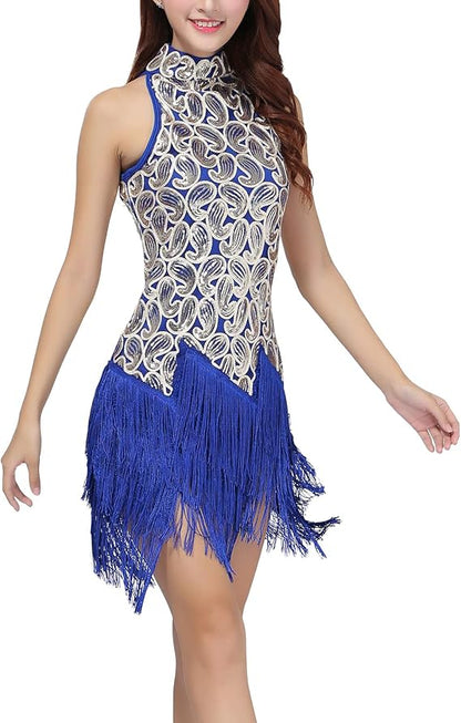 Women's Mock Neck Sequin Tassel Fringe Dress Salsa Latin Ballroom Rave Party Dance Costume