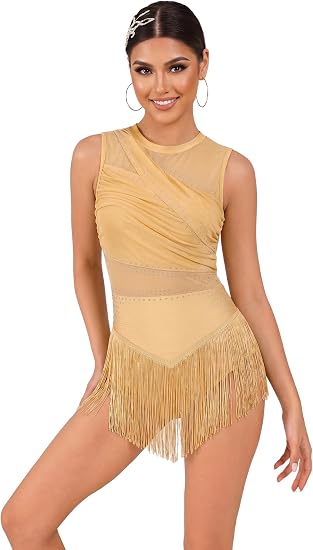 Rhinestone Fringe Bodysuit Women Sparkly Tassel Romper Dress Mesh Latin Jazz Dance Leotard Rave Outfits Disco Pole Dancewear