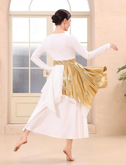 Metallic Praise Dance Dress for Women Asymmetric Ruffle Overlay Dresses Liturgical Lyrical Dancewear Worship Costume