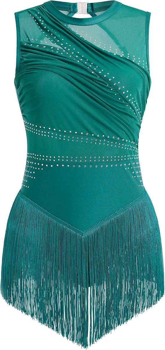 Rhinestone Fringe Bodysuit Women Sparkly Tassel Romper Dress Mesh Latin Jazz Dance Leotard Rave Outfits Disco Pole Dancewear