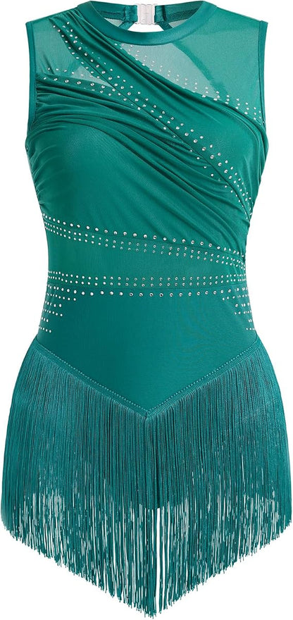 Women Sexy Rhinestone Fringe Latin Showgirl Bodysuit