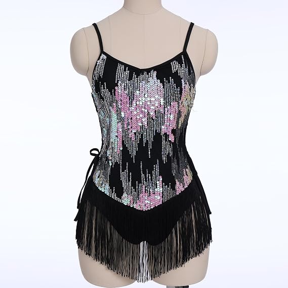 Sequin Fringe Bodysuit for Women Sparkly Hollow Out Tassel Romper Leotard Rave Latin Jazz Dance Costume