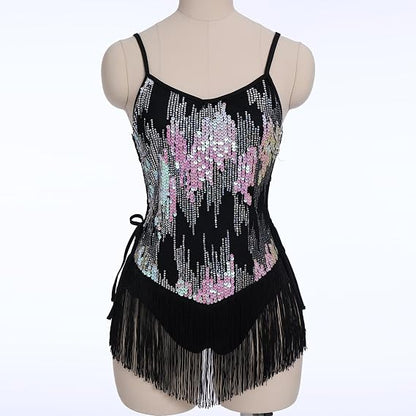 Sequin Fringe Bodysuit for Women Sparkly Hollow Out Tassel Romper Leotard Rave Latin Jazz Dance Costume