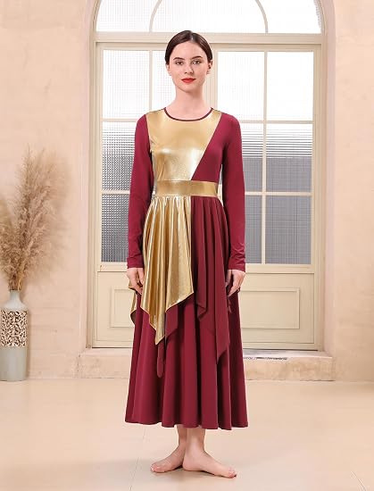 Metallic Praise Dance Dress for Women Asymmetric Ruffle Overlay Dresses Liturgical Lyrical Dancewear Worship Costume