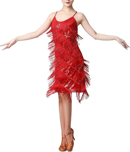 Women Sequin Tassel Dress Sleeveless Stand Collar Fringe Latin Salsa Cha Cha Jazz Dance Costume