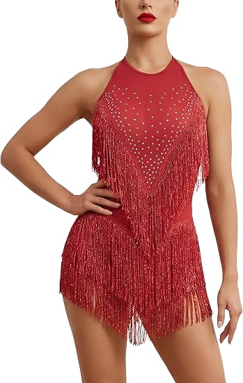 Women Sparkly Tassel Fringe Bodysuit, Latin Dance Costume, Rhinestones Romper for Salsa Jazz Ballroom Disco Party