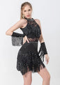 Women Latin Dress Lace Rhinestone Fringe Skirt Ballroom Salsa Cha Cha Dance Party Dress with Armband